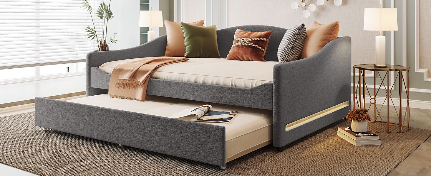 Full Size Upholstered Daybed With Light And Trundle - Gray - Image 15
