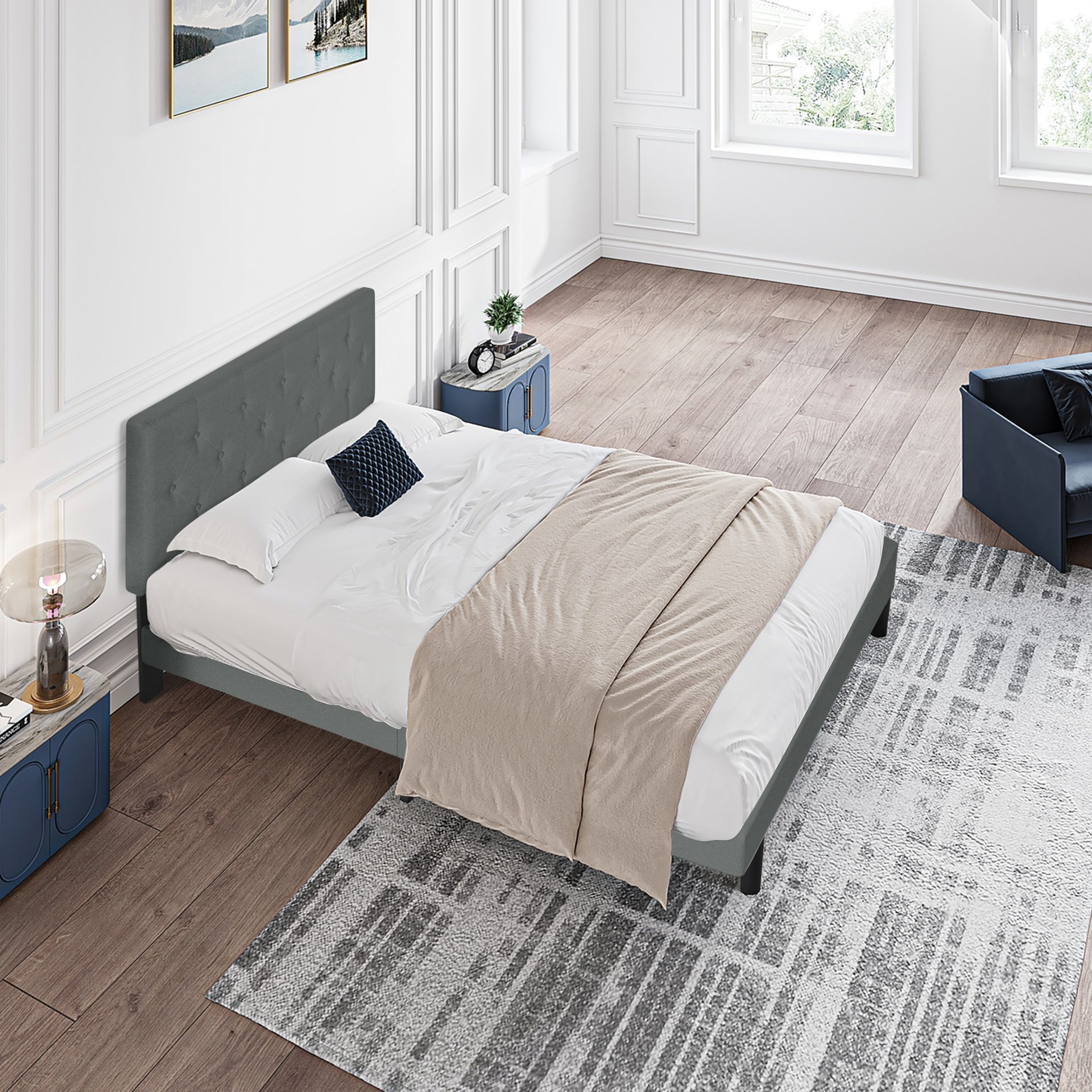 Queen Size Upholstered Platform Bed Frame With Modern Button Tufted Linen Fabric Headboard, Wood Slat Support - Dark Gray - Image 3
