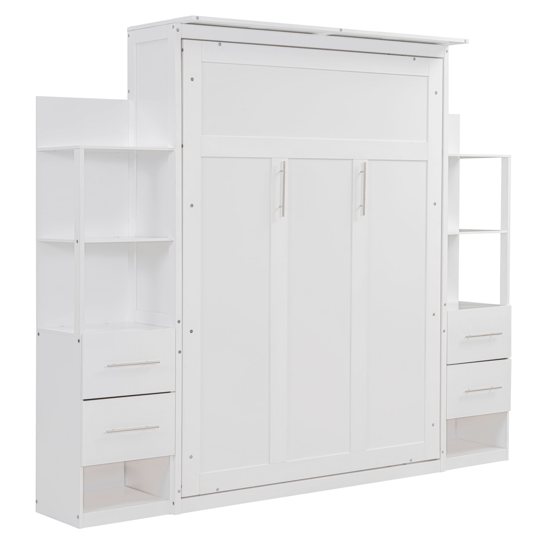 Full Size Murphy Wall Bed With Shelves, Drawers And LED Lights - White - Image 9