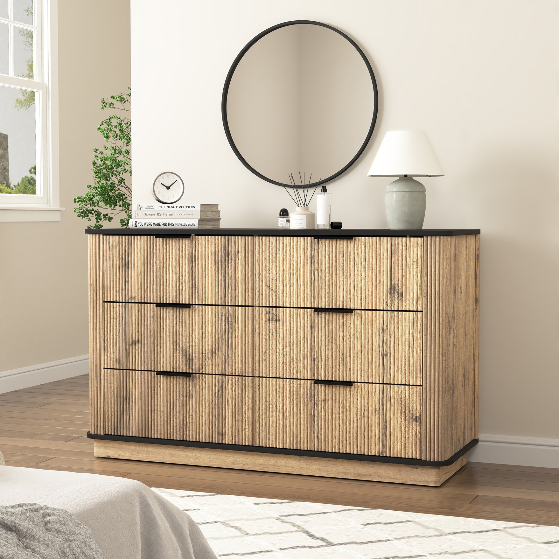 Modern 6 Drawer Cabinet With Metal Rounded Corners And Exquisite Handles Multi Functional Storage - Natural Wood - Image 8