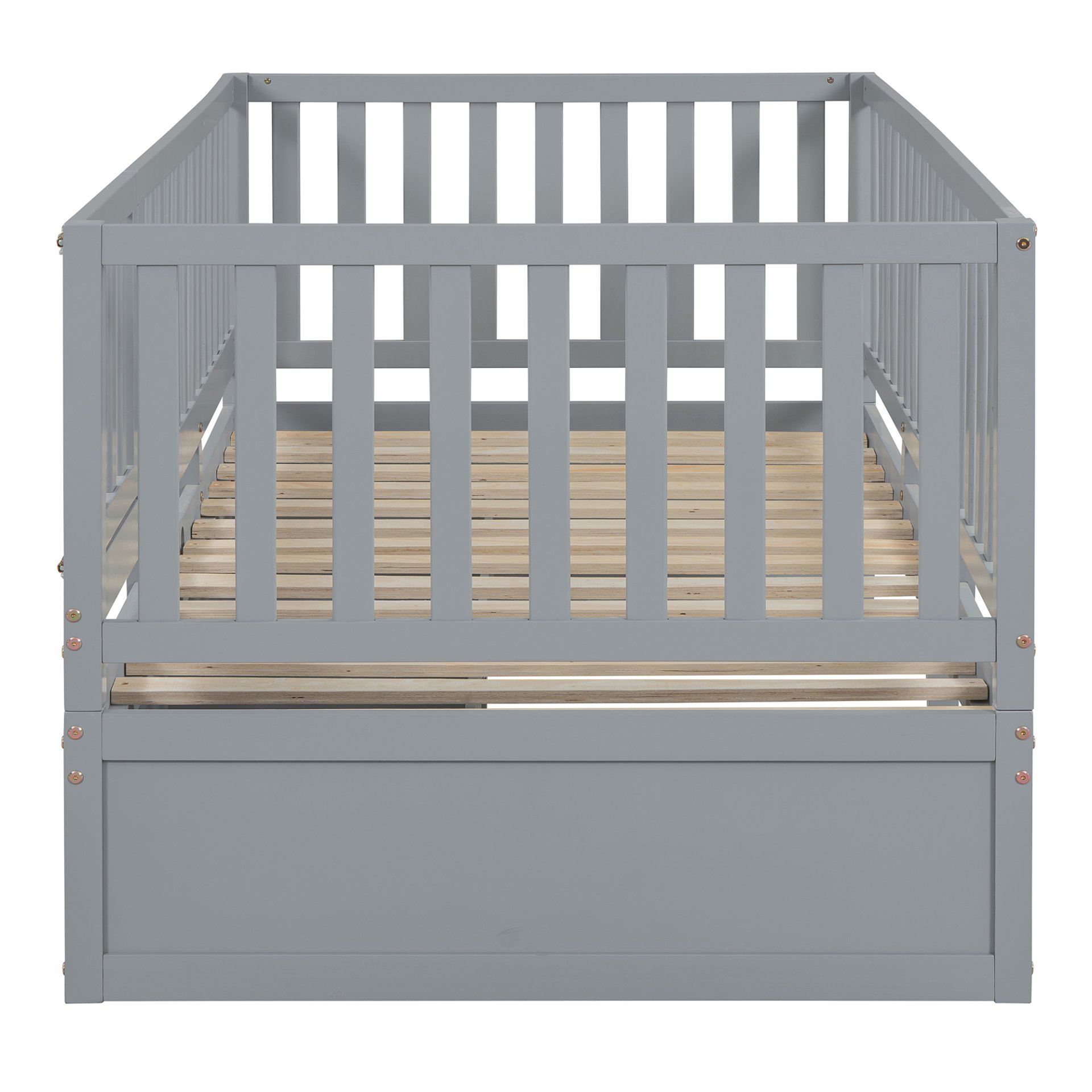 Twin Size Daybed With Fence Guardrails And 2 Drawers, Split Into Independent Floor Bed & Daybed - Gray - Image 19