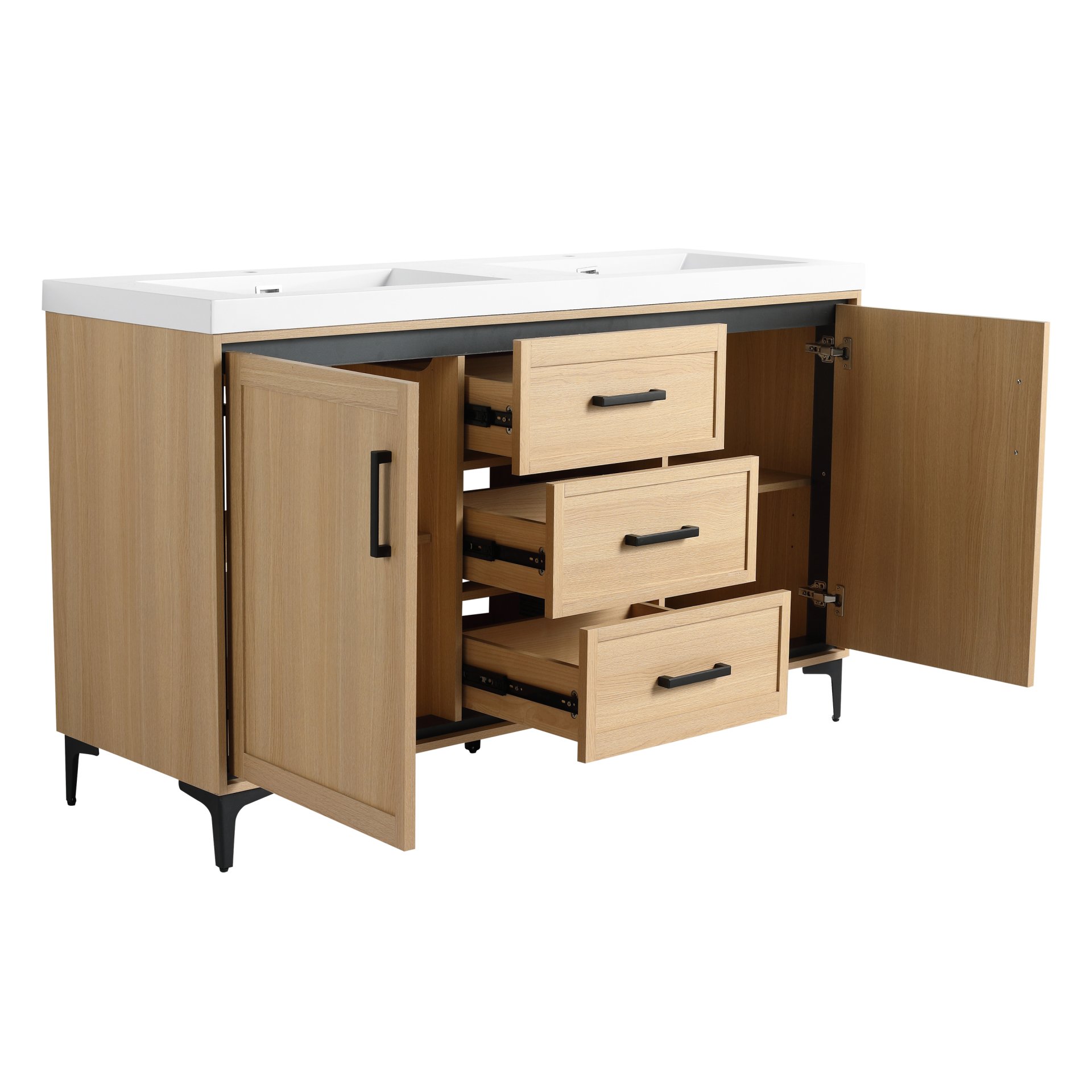 Original 60" Freestanding Bathroom Vanity With Double Resin Sink Plywood Soft Closing Doors & Drawers - Oak - Image 13