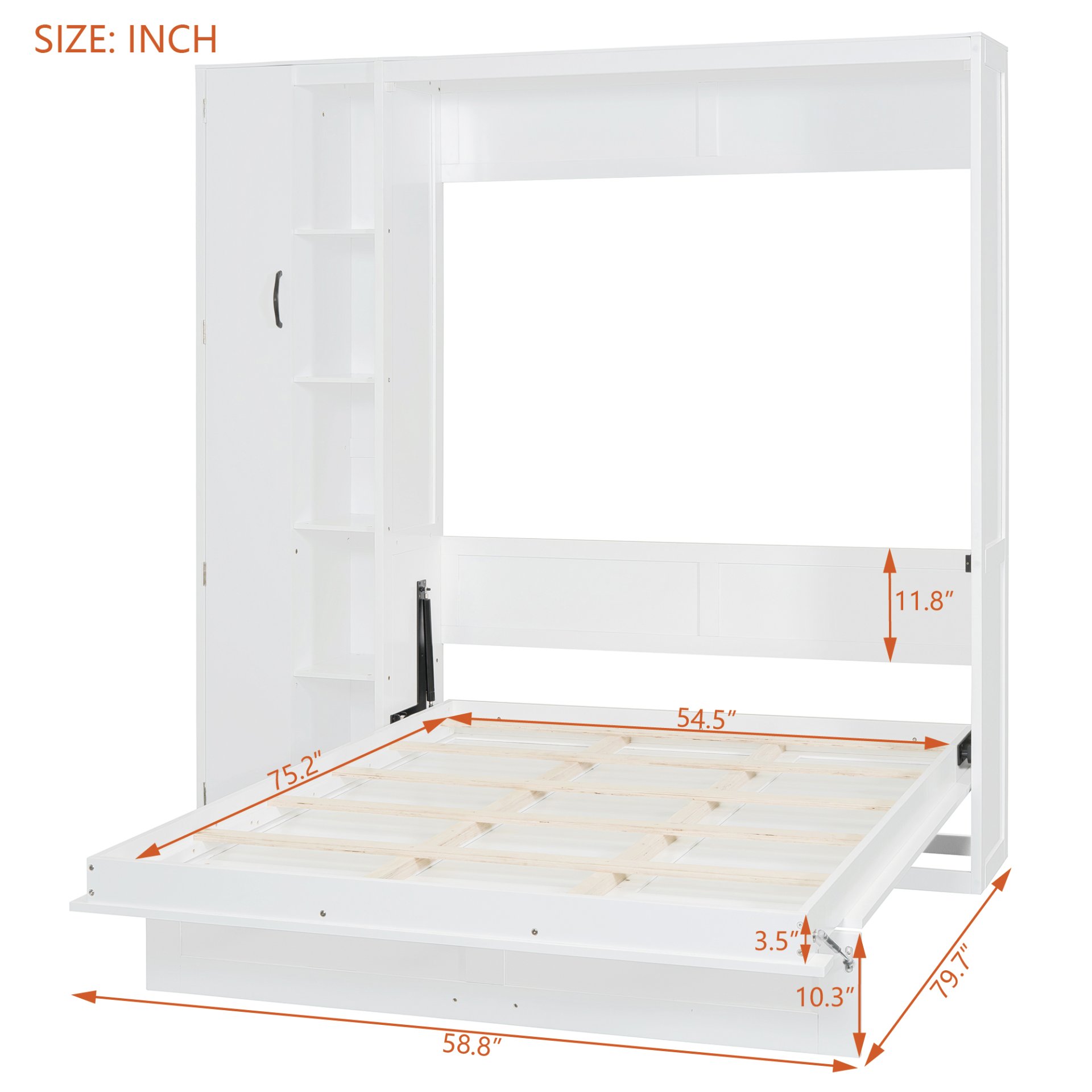 Full Size Murphy Wall Bed With Shelves, Wardrobe And LED Lights - White - Image 5