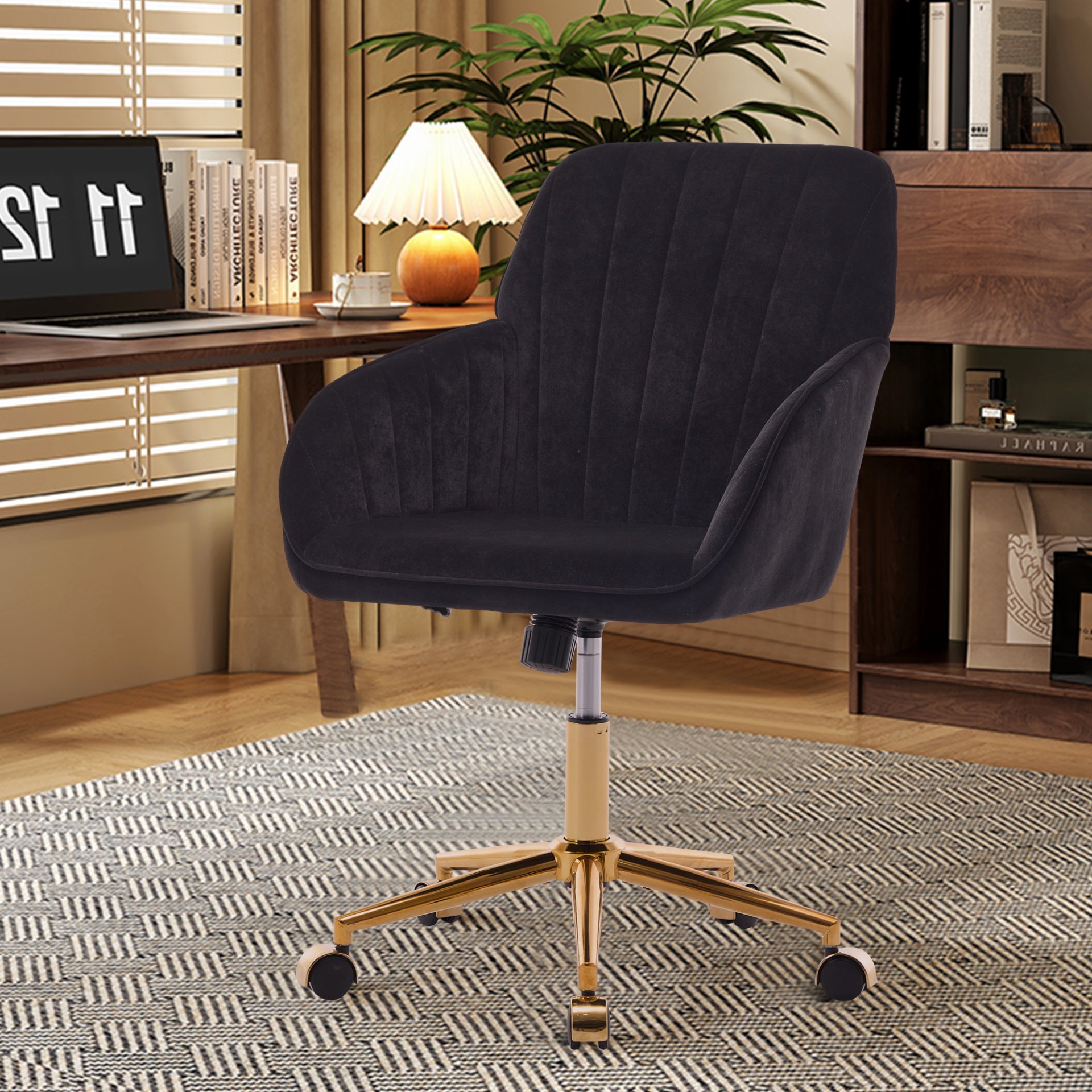 Adjustable Office Chair, Ergonomic Swivel Chair Velvet, Comfortable For Long Sitting - Black - Image 12