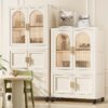 Side Wide Folding Wardrobe, With Magnetic Door, Plastic Storage Cabinet With Wheels (1 Layer Of Wardrobe + 2 Layers Of Folding Boxes + 10 Hangers) - Cream White - Image 15