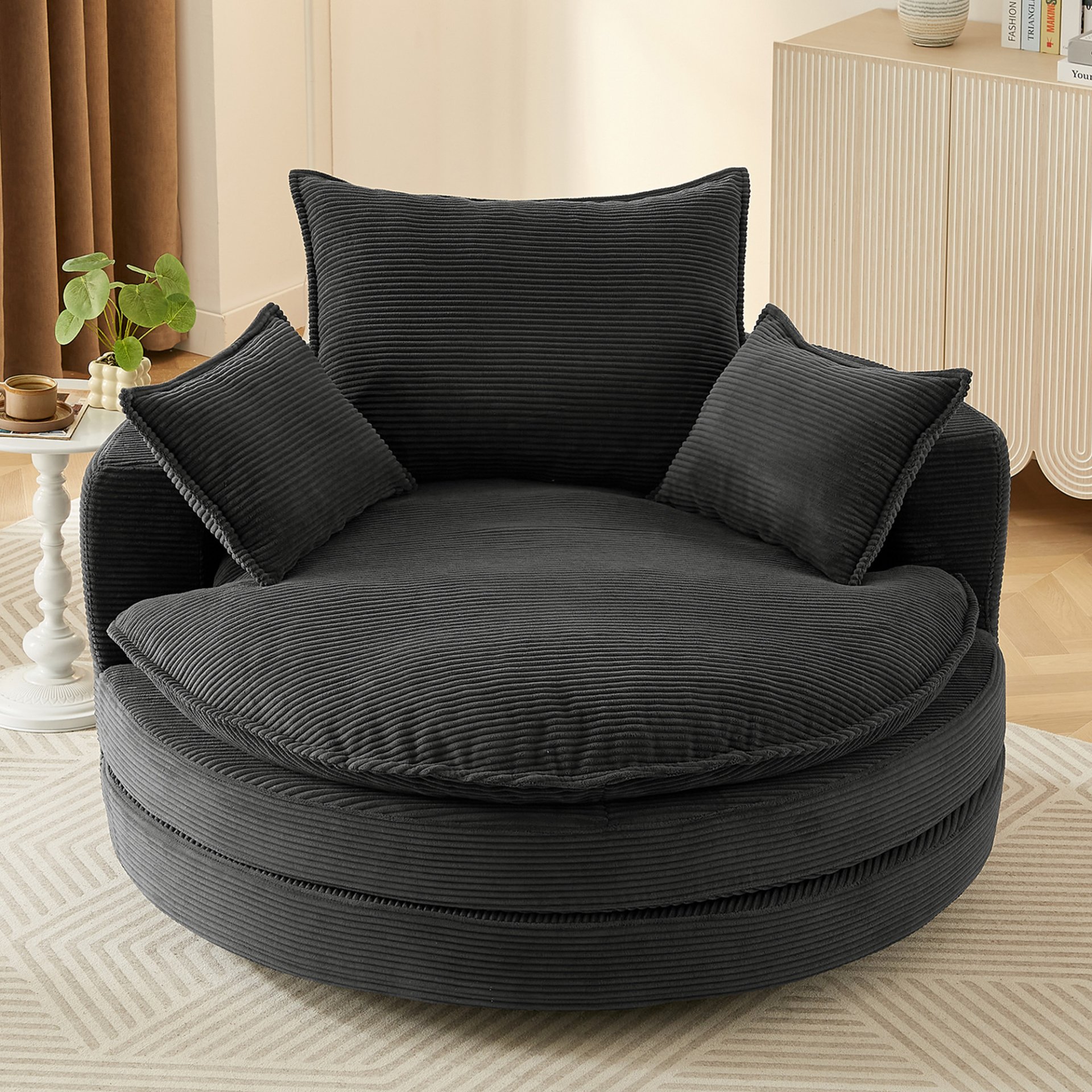 Modern 360° Swivel Sofa Chair With Dual Layer Cushion And Removable Pillows Corduroy - Black - Image 9