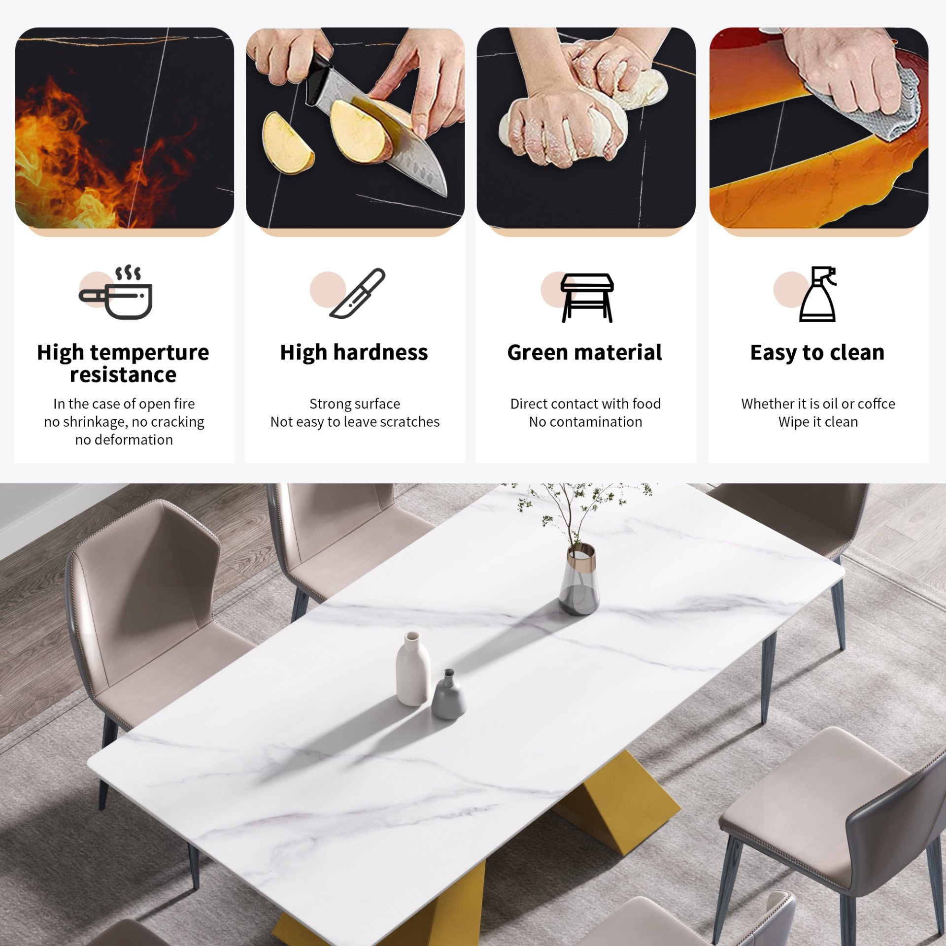 70.87" Modern Artificial Stone White Straight Edge Metal Leg Dining Table - White / Gold - Image 11