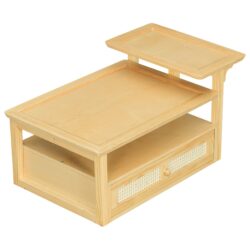 Modern Coffee Table, Coffee Table With 1 Storage Shelf, 2 Tabletops And 1 Rattan Drawer For Living Room - Natural