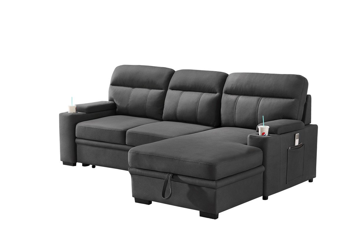 Kaden - Sleeper Sectional Sofa Chaise With Storage Arms And Cupholder - Gray - Image 9