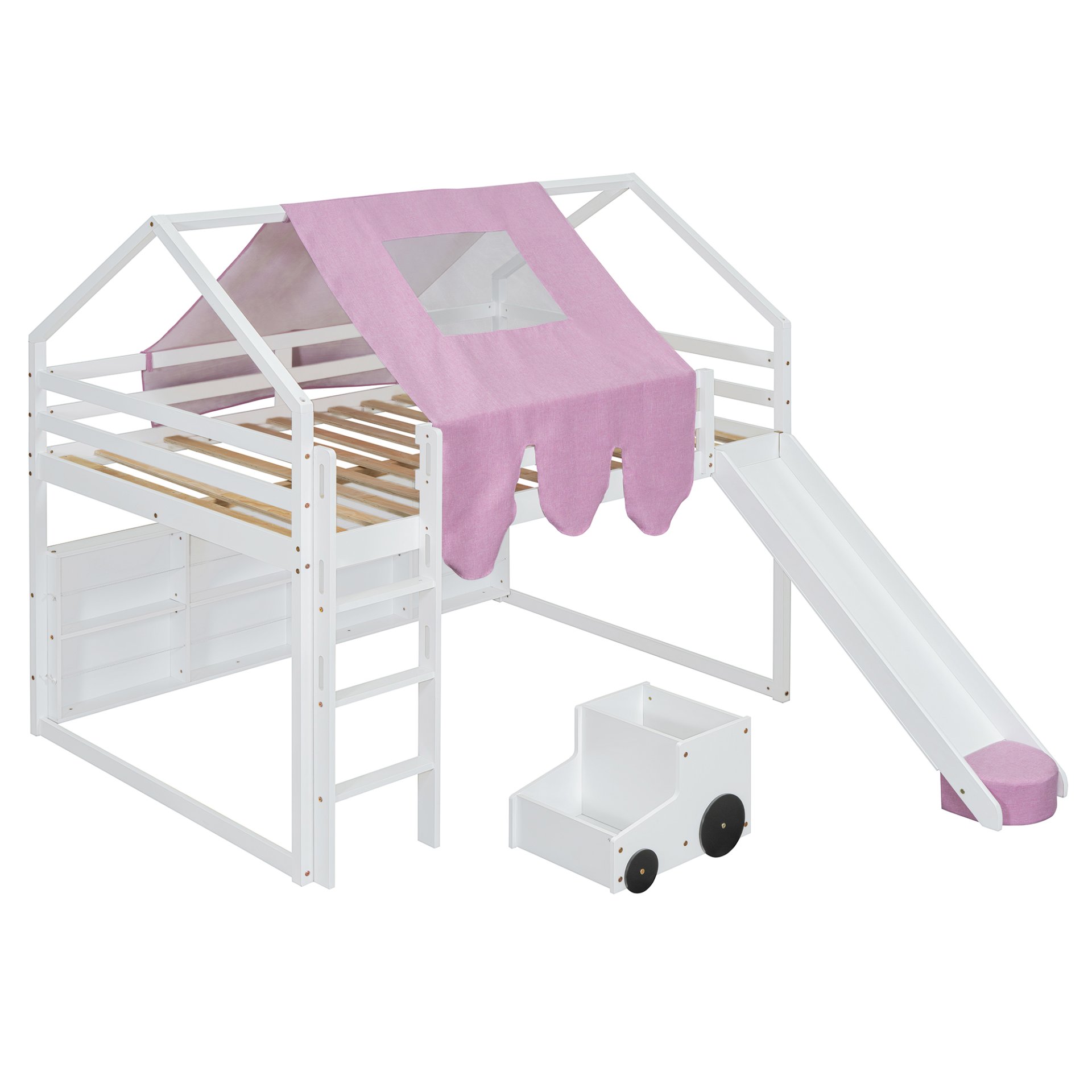 Full Size Loft Bed With House Shaped Frame And Tent - White / Pink - Image 6