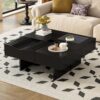 Mid Century Modern Coffee Table, Unique Square Wooden Coffee Table With 3 Drawers, Tempered Glass And Solid Wood Legs For Living Room - Black - Image 4