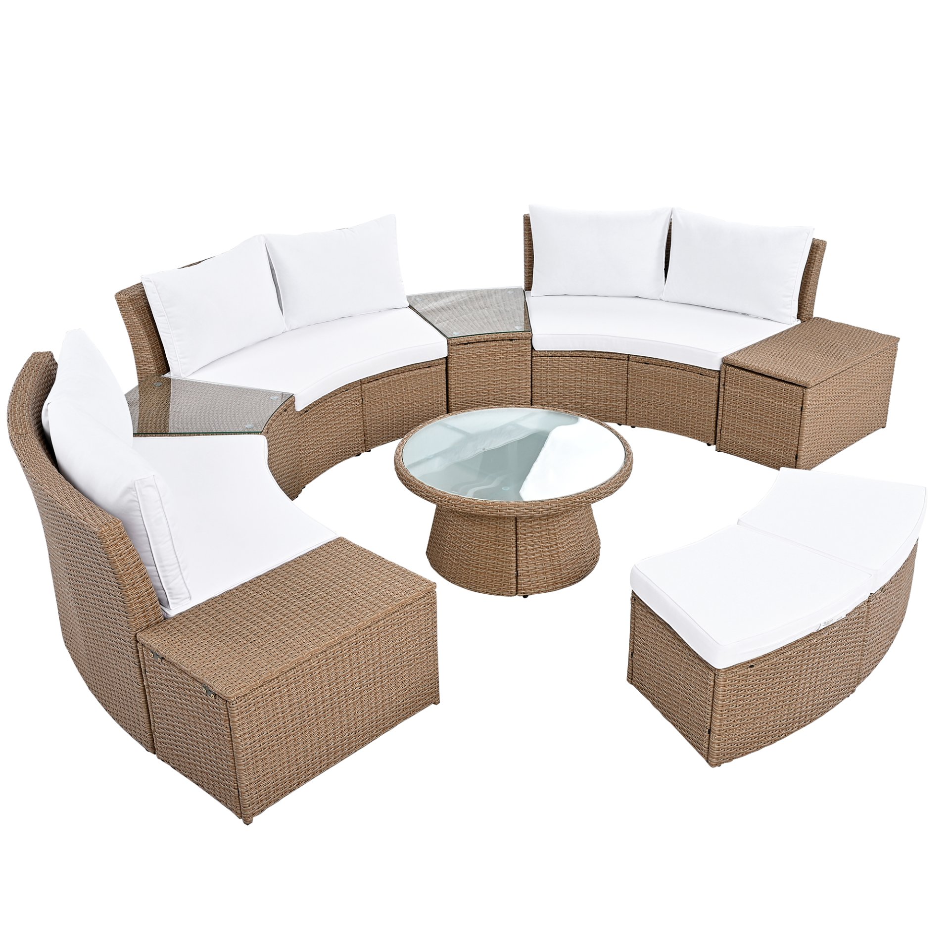 10 Piece Outdoor Sectional Half Round Patio Rattan Sofa Set, Wicker Conversation Furniture Set For Free Combination - White - Image 12
