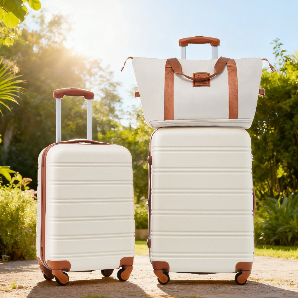 Hardshell Luggage Sets 2 Pieces + Bag Spinner Suitcase With Tsa Lock Lightweight 20" / 24" - Brown / White - Image 10