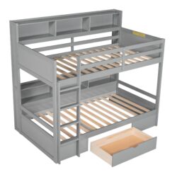 Twin Size Bunk Bed With Built-In Shelves Beside Both Upper And Down Bed And Storage Drawer - Gray