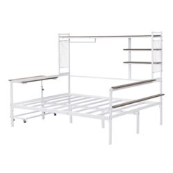 Full Size Daybed With Movable Desk, Grid, Shelves And Clothes Hanger - White