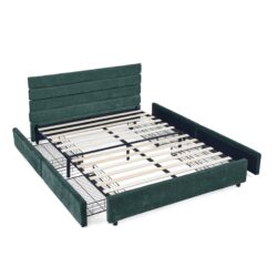 Modern Queen Size Cushioned Bed Frame With Headboard And Drawers And Velvet - Blue / Green