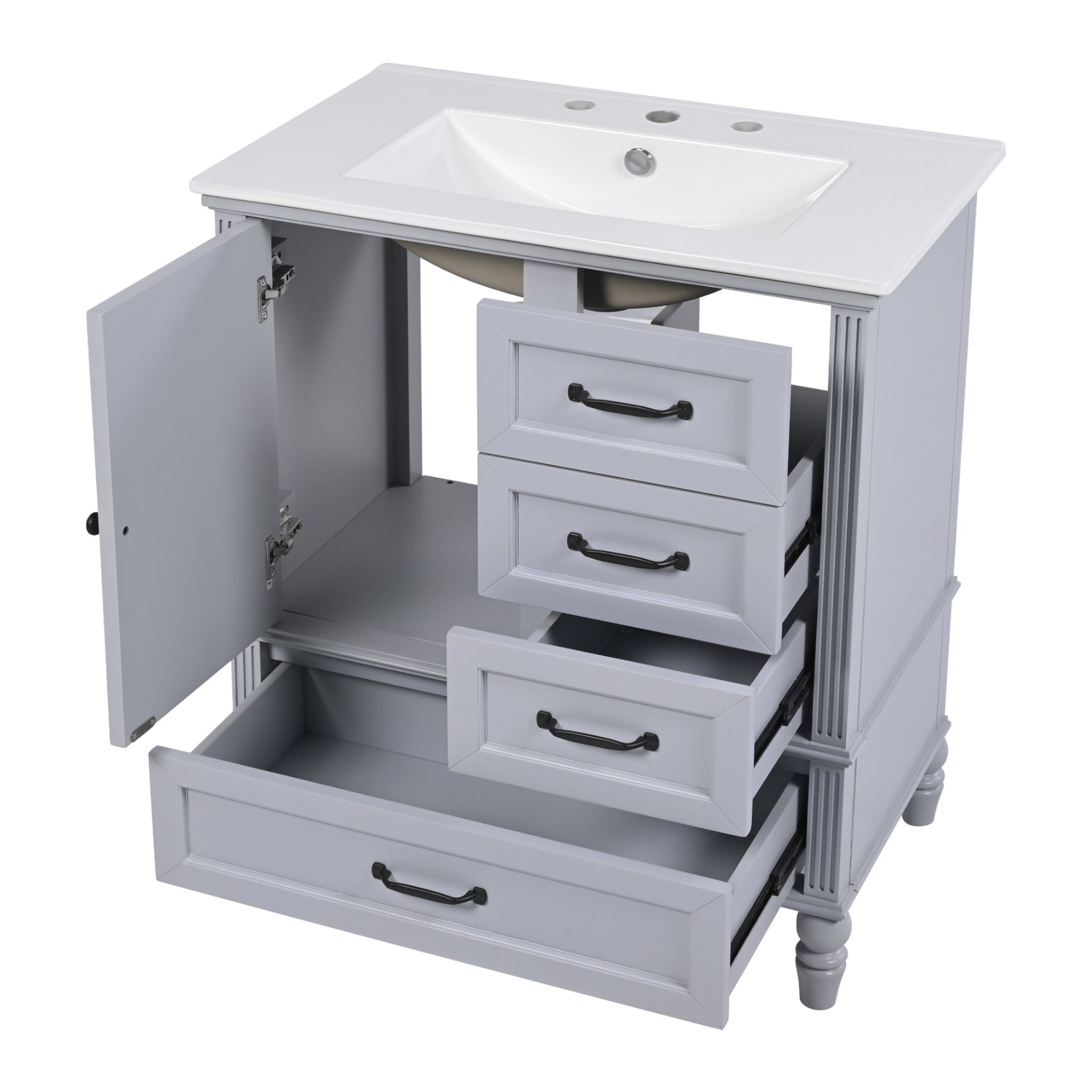 30" Bathroom Vanity With Sink, Bathroom Cabinet With A Door, 3 Drawers Legs, Adiustable Foot Pads - Gray - Image 16
