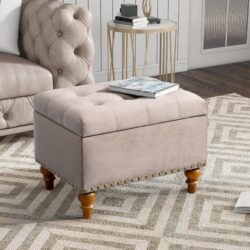 Retro Style Square Velvet Upholstered Ottoman With Storage, Elegant Design - Pink