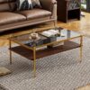Rectangle Coffee Table With Tempered Glass Top, Modern Table For Living Room - Gray / Gold - Image 2
