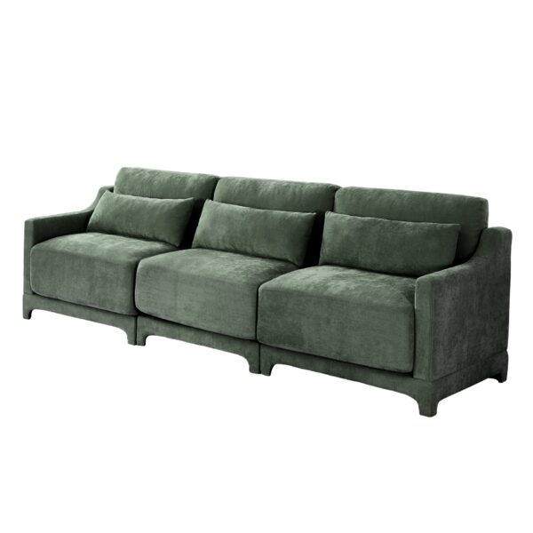 Elegant 3 Seater Sofa With Lumbar Pillow Ergonomic Chenille Upholstery Wooden Base - Green