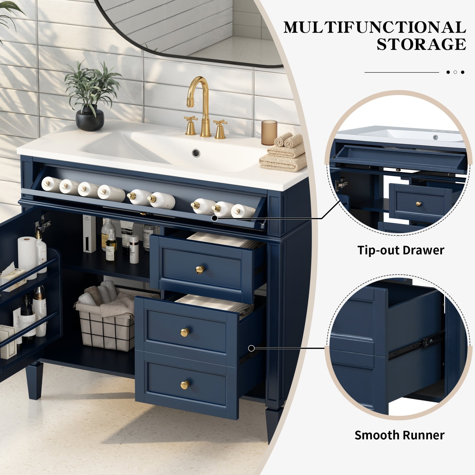 Bathroom Vanity With Top Sink, Modern Bathroom Storage Cabinet With 2 Drawers And A Tip-Out Drawer, Single Sink Bathroom Vanity - Blue - Image 6