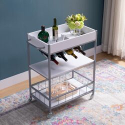 Rolling Kitchen Cart With Three Tier Storage And Four Wine Bottle Rack - White / Silver Metal