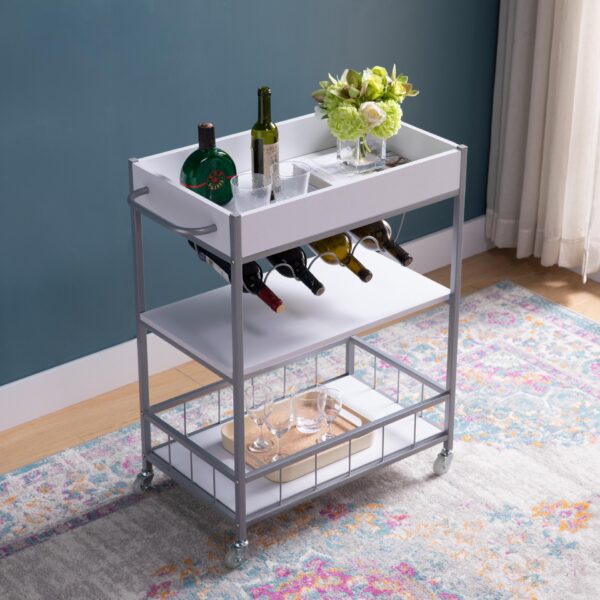 Rolling Kitchen Cart With Three Tier Storage And Four Wine Bottle Rack - White / Silver Metal