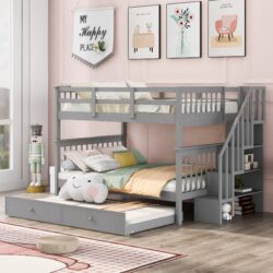 Full Over Full Stairway Bunk Bed With Twin Size Trundle, Storage And Guard Rail For Bedroom - Gray