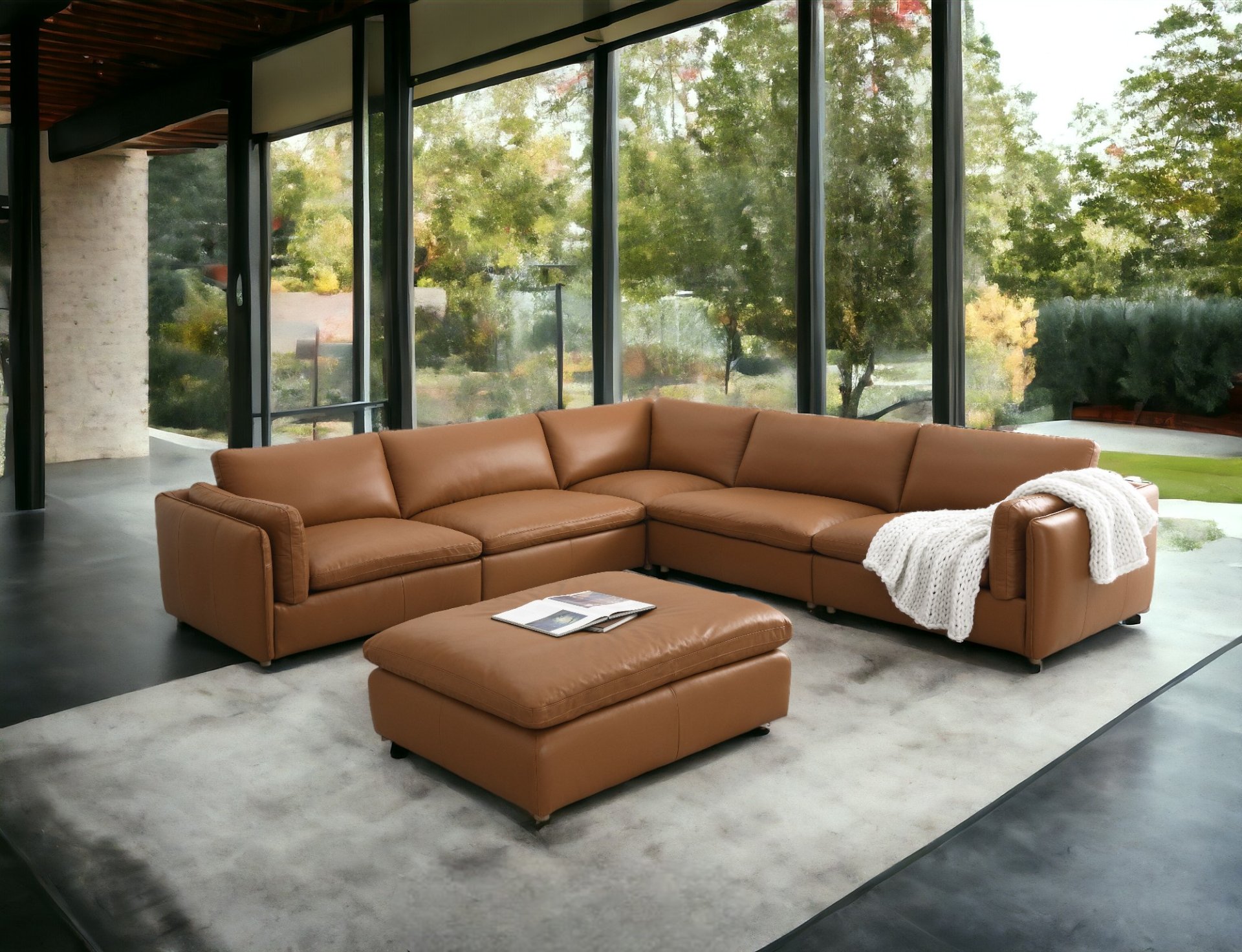 Brighton - Top Grain Leather 6 Pieces Modular Sectional With 1 Ottoman - Brown - Image 6