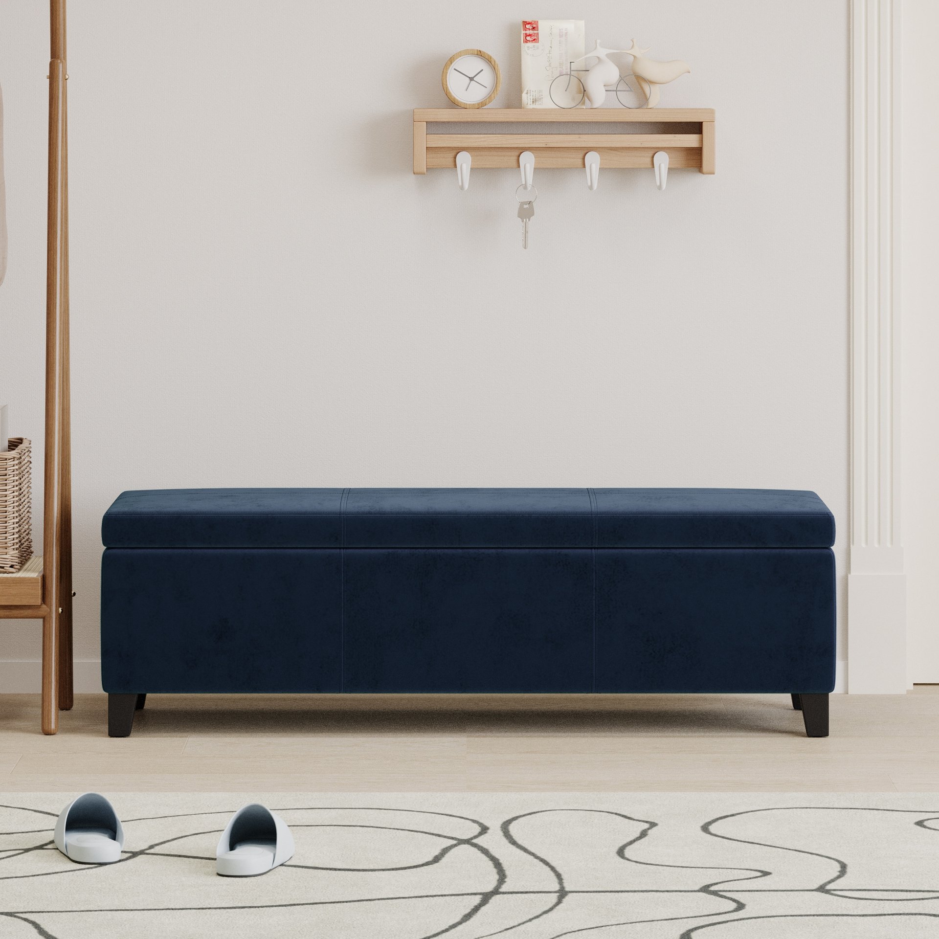 Velvet Storage Bench, Upholstered End Of Bed, Storage Ottoman Benches, Fabric Ottoman Bench With Large Storage Space For Living Room Entryway Bedroom - Dark Blue - Image 2