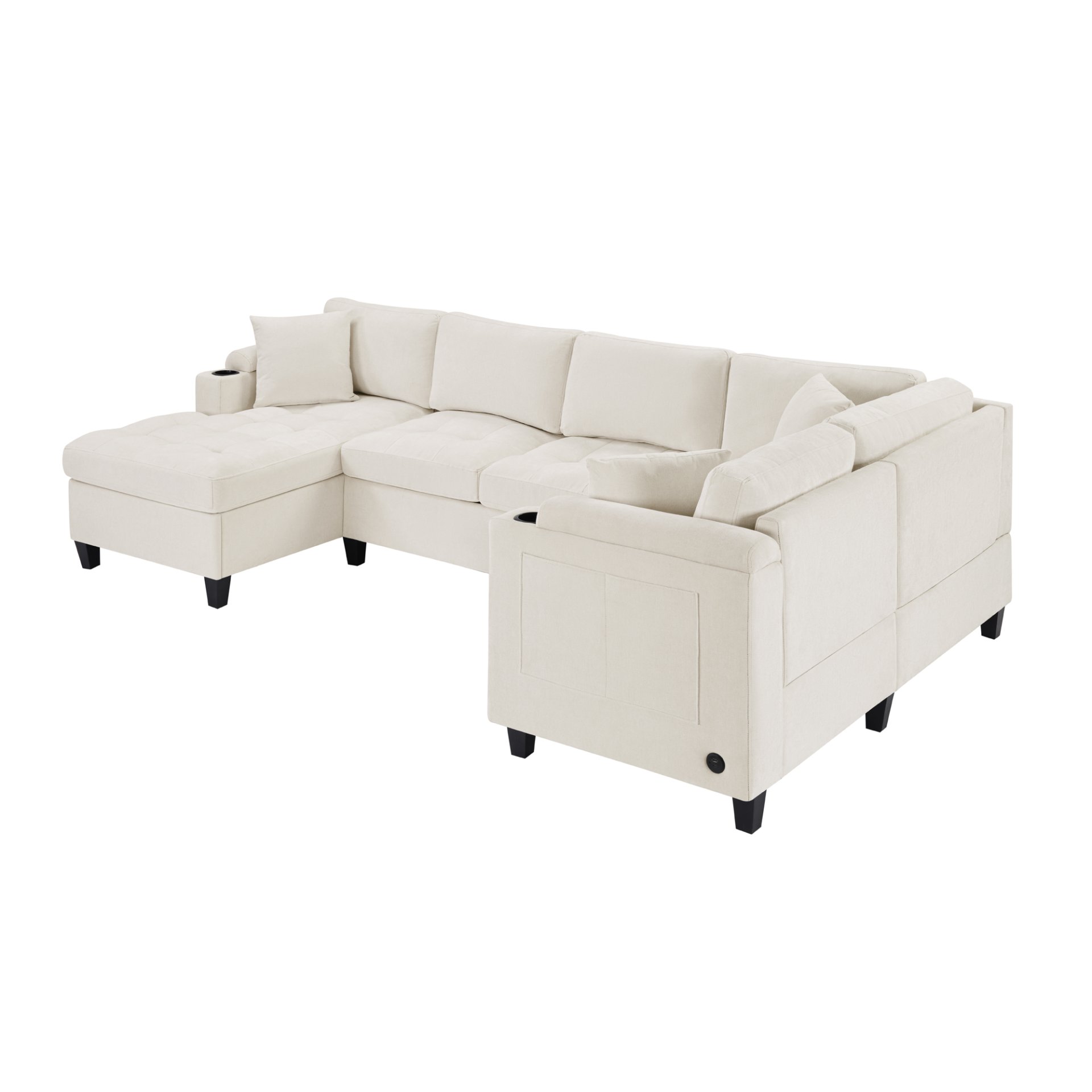 U Shaped Sectional Sofa, Corner Living Room Couch With Built In Cup Holders, Storage, USB Ports - Beige - Image 9