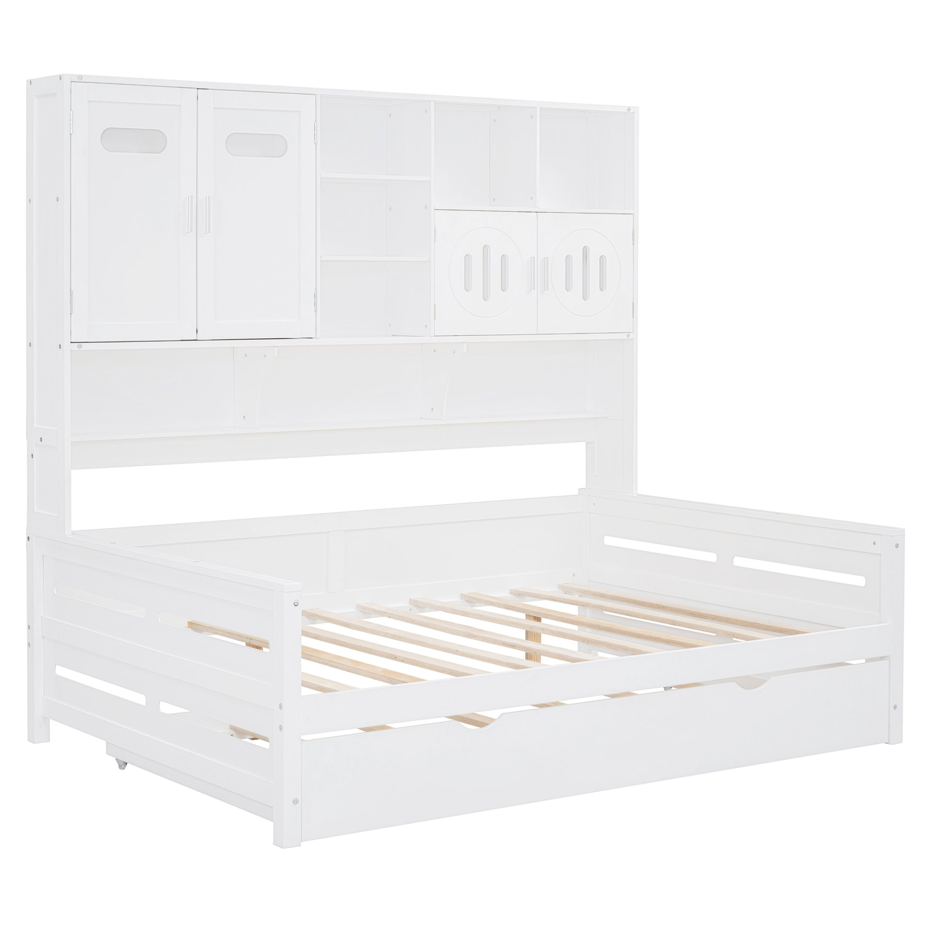 Full Size Wooden Daybed With Twin Size Trundle, And All In One Cabinet And Shelf - White - Image 6