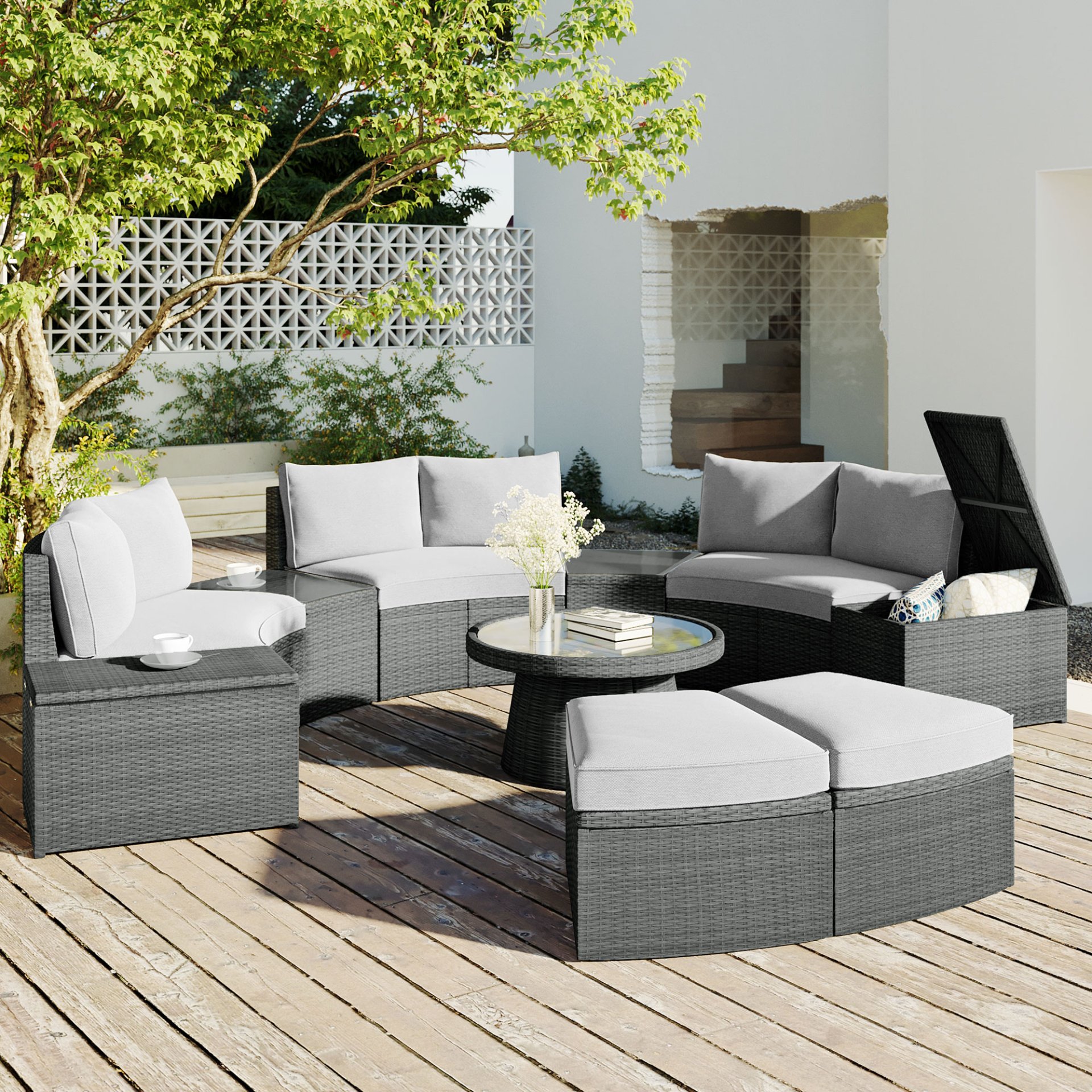 10 Piece Outdoor Sectional Half Round Patio Rattan Sofa Set, Wicker Conversation Furniture Set For Free Combination - Light Gray - Image 4