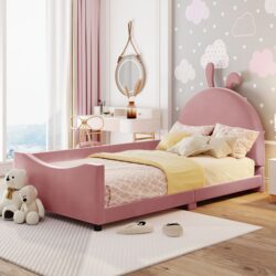 Twin Size Upholstered Daybed With Rabbit Ear Shaped Headboard - Pink