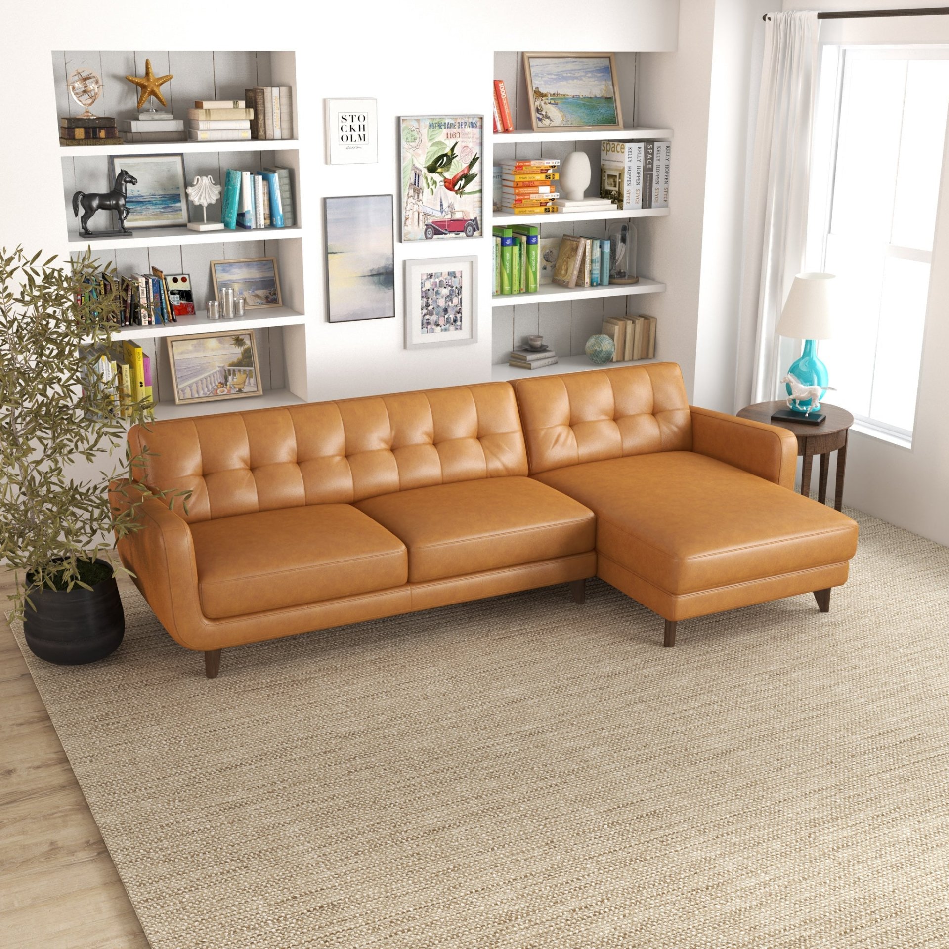 Allison - Right Facing Leather Sectional Sofa - Tan - Image 11