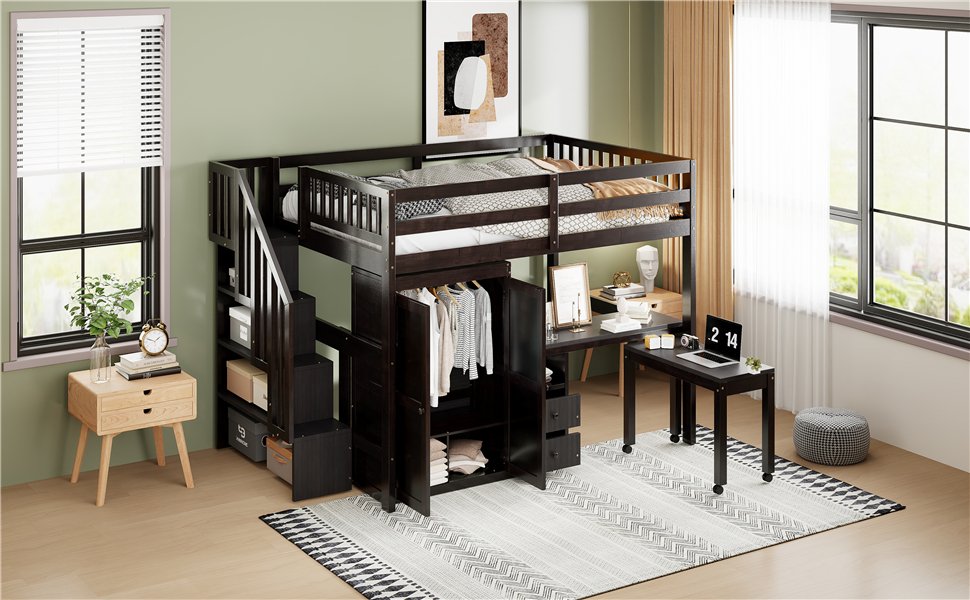 Full Size Loft Bed With Stairs, Bookshelf, Drawers, Desk & Wardrobe, Space Saving Multifunctional Furniture - Espresso - Image 23