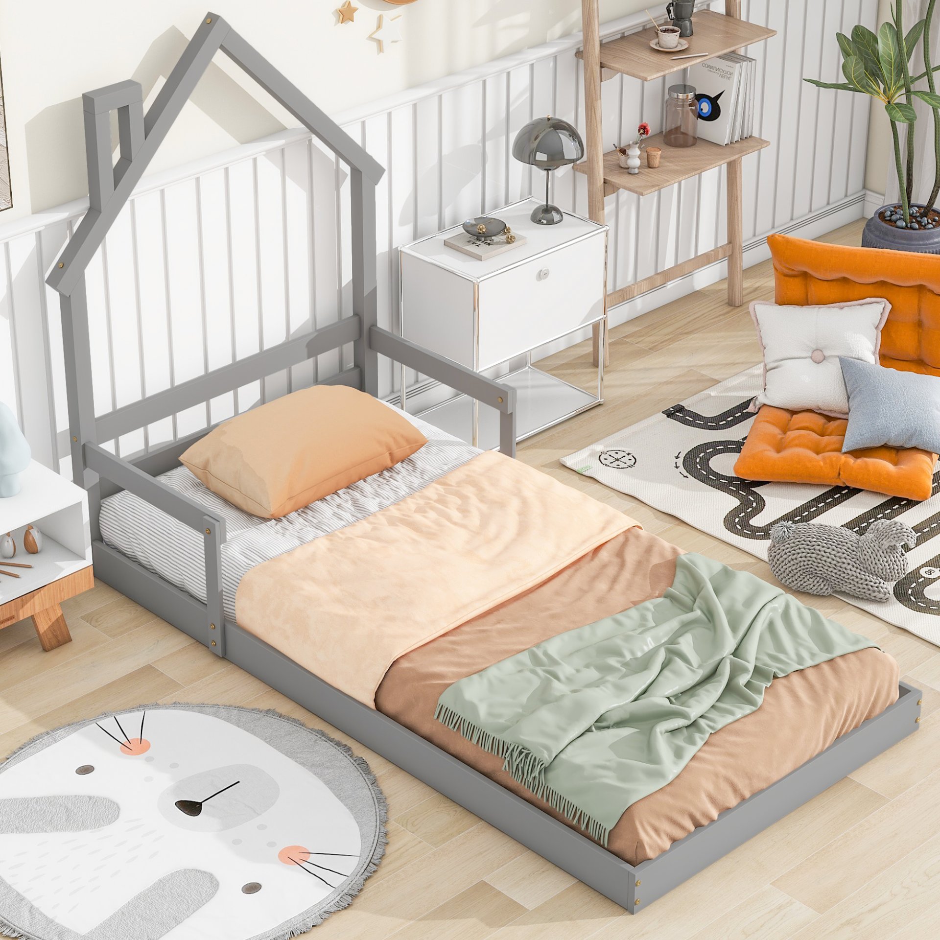 Twin House-Shaped Headboard Floor Bed With Handrails, Slats - Gray - Image 2