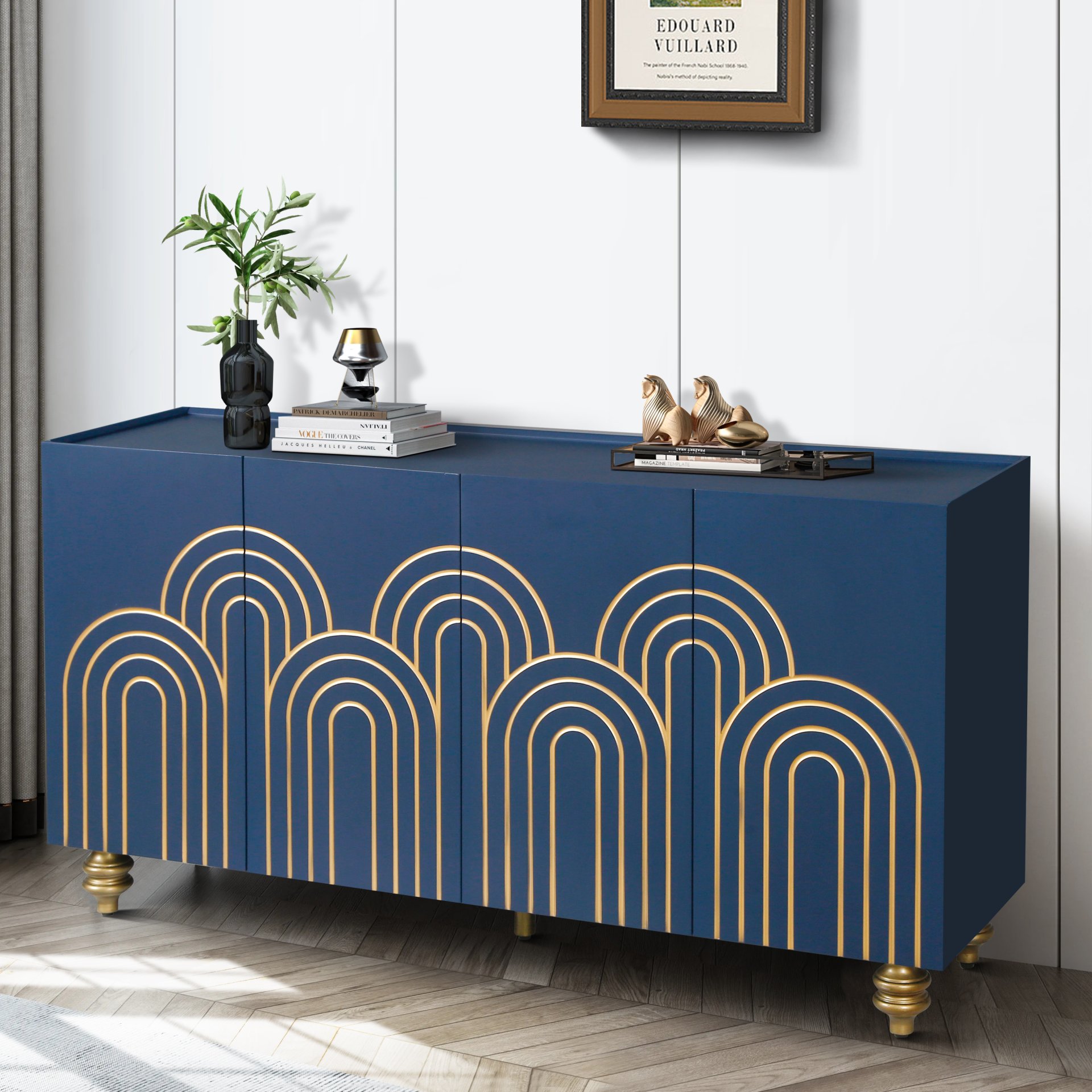 Modern Fluted Sideboard Buffet With Adjustable Shelves, Curve Element With Strict Lines - Navy Blue - Image 4