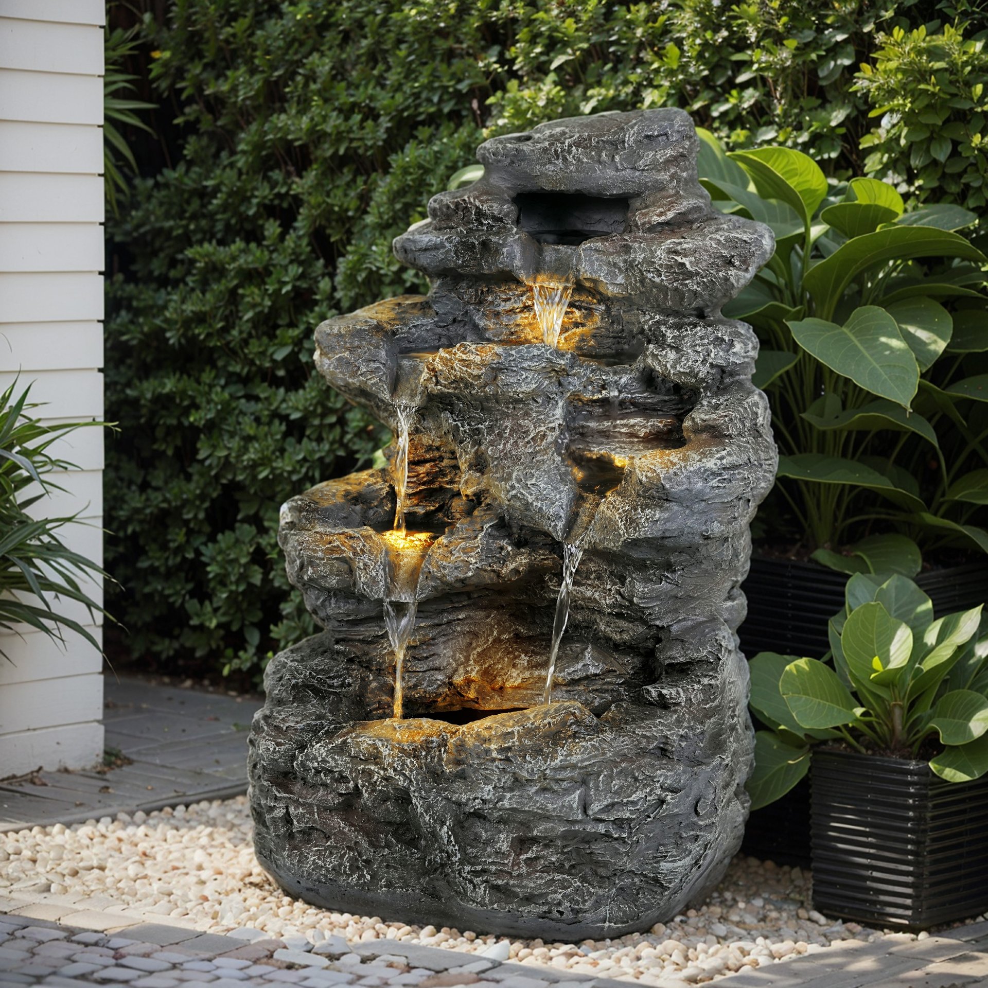 Tall Slim Fountain With LED Lights, 5 Tiered Cascading Water Feature, Outdoor Accent For Patios And Balconies - Gray - Image 2