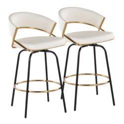Jie - Fixed Height Contemporary Counter Stool With Swivel Round Footrest (Set of 2) - Gold / White / Black