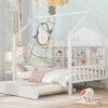 Full Size House Bed With Trundle, Kids Bed With Shelf - White - Image 3