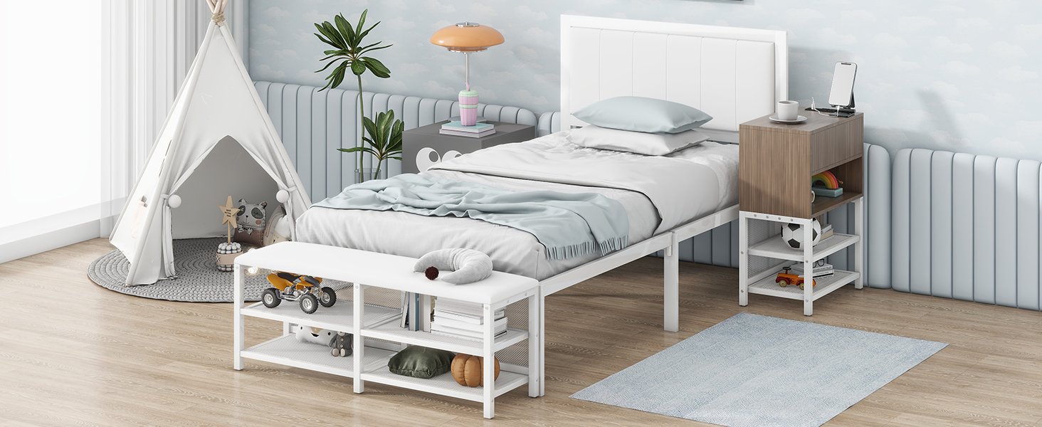 Twin Size Platform Bed With 2 Tier Storage Shelves, Storage Cabinet - White - Image 12
