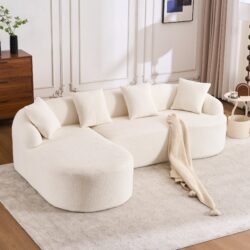 Compression Sofa: Combining Chaise Longue With 3 Seater, Wood Grain Chenille Fabric, Full Sponge Compression Sofa, Combined Sofa With 4 Pillows For Living / Home Furniture / Apartment - White