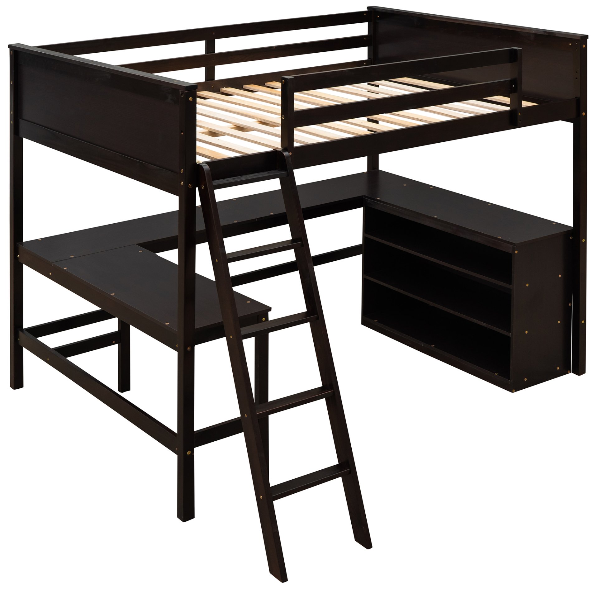 Full Size Loft Bed With Shelves With Desk - Espresso - Image 10