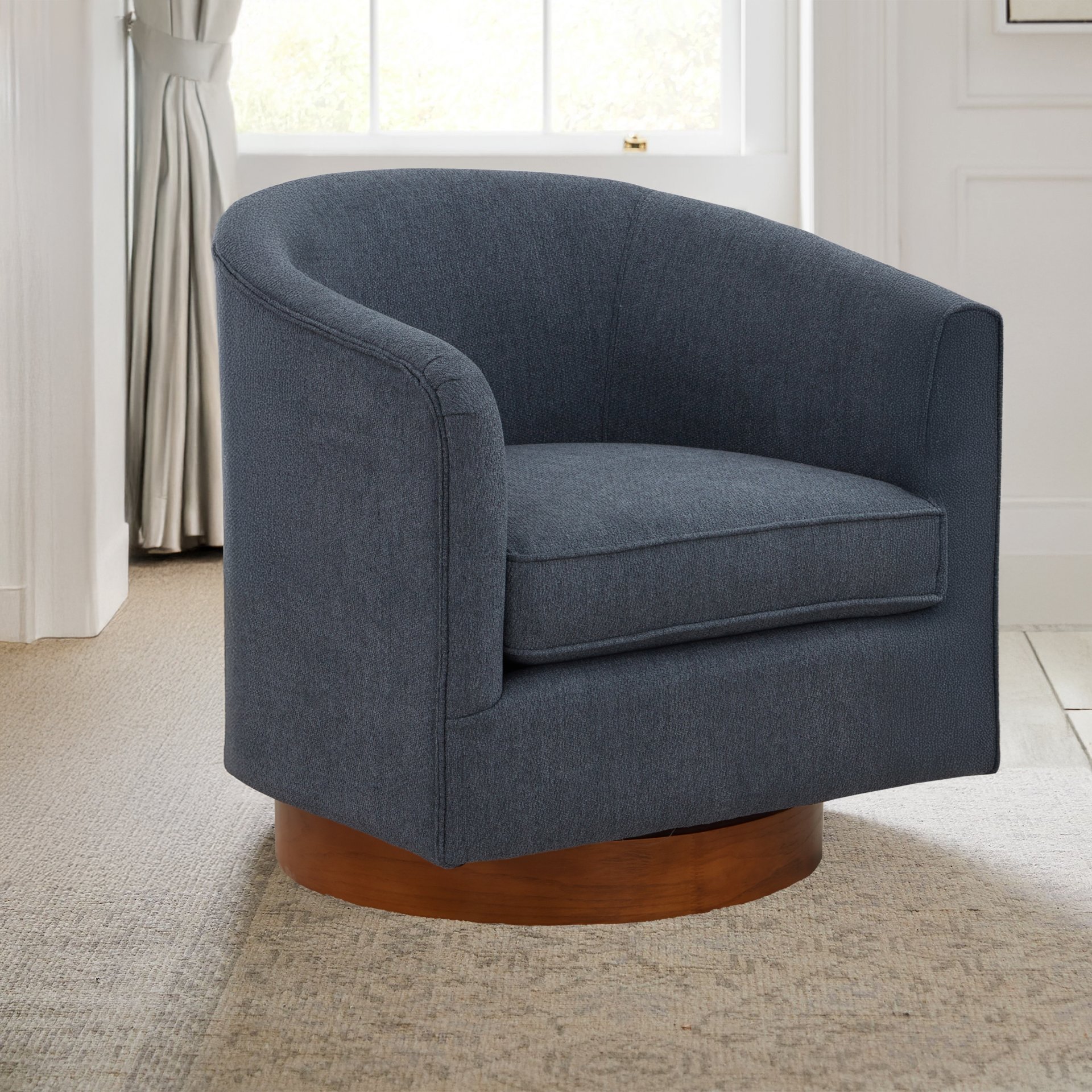 Miramar - Chenille Swivel Chair With Wooden Base And Plush Cushion - Blue - Image 2