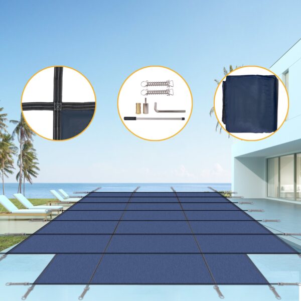 High Strength Pool Safety Cover For 16 X 32 Ft Inground Winter Swimming Pools With Center End Step - Blue