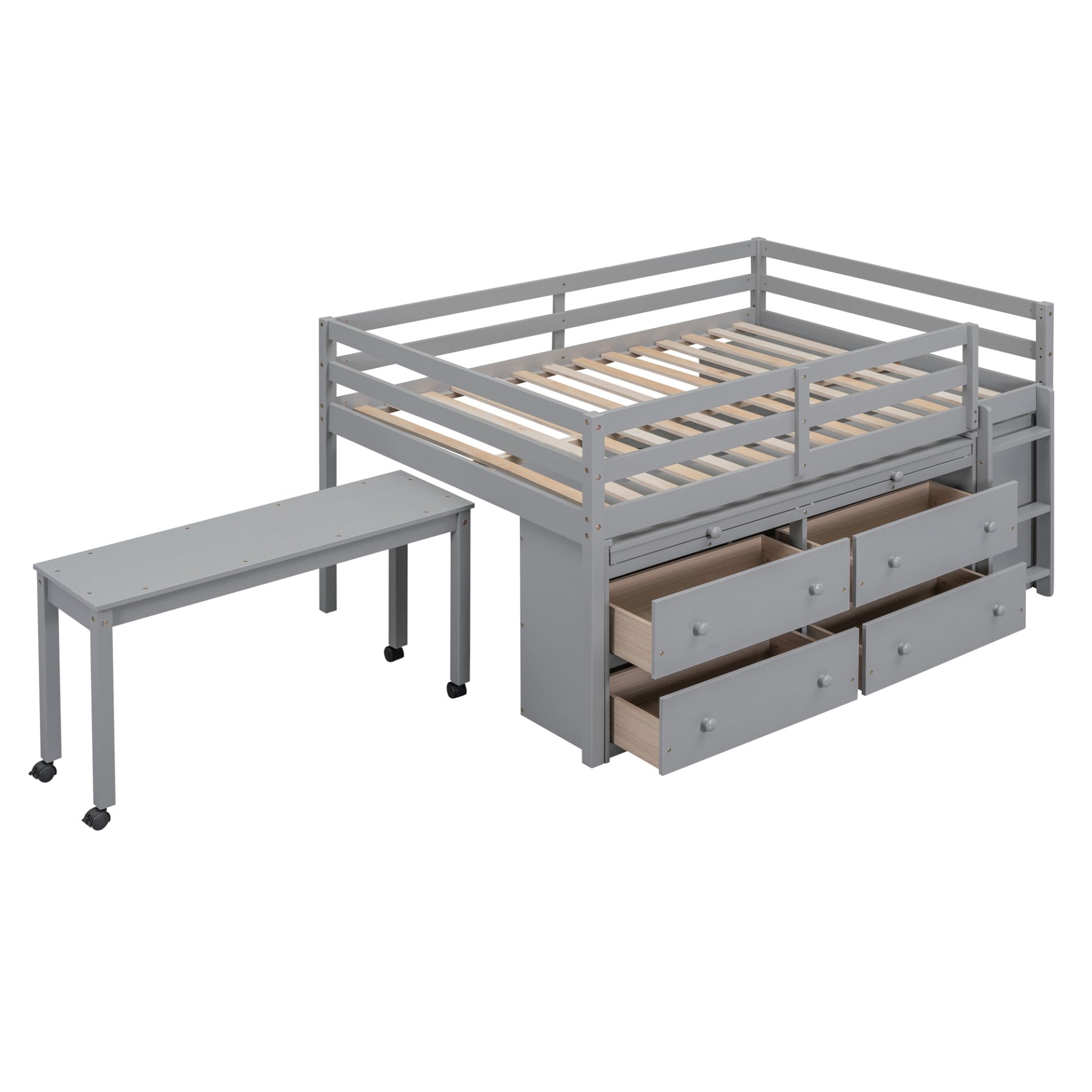 Full Size Loft Bed With Retractable Writing Desk And 4 Drawers, With Lateral Portable Desk And Shelves - Gray - Image 4