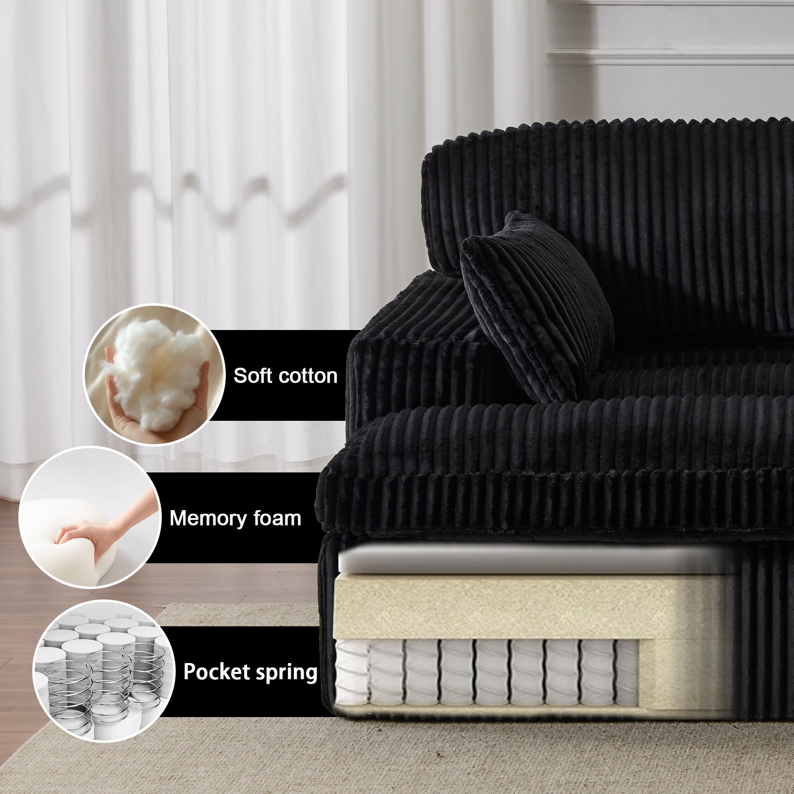 Double Chaise Lounge Chair Indoor, Oversized Upholstered Sleeper Cloud Couch, Deep Seat Sofa Bed - Black - Image 7