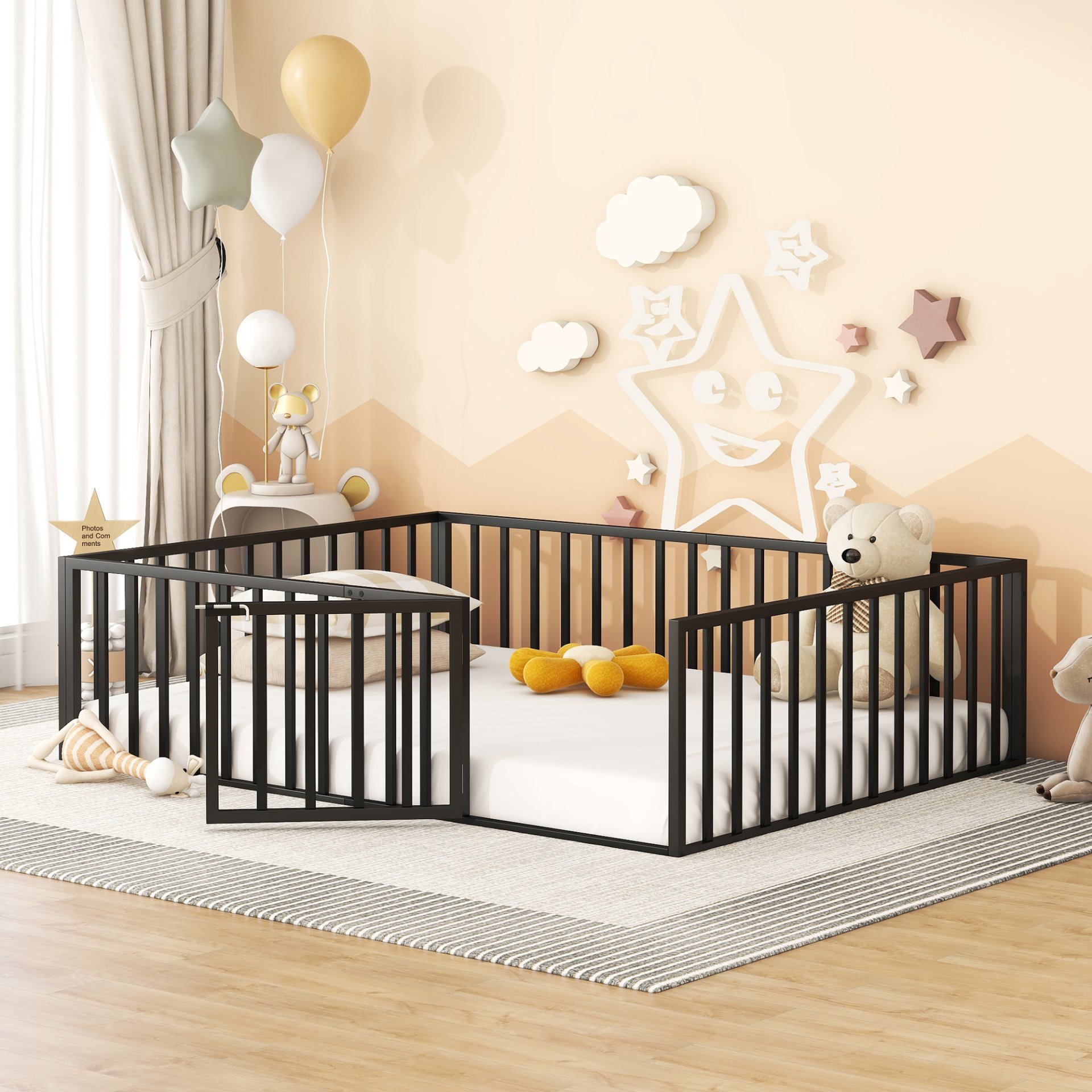 Queen Size Floor Bed Frame With Fence And Door - Black - Image 2