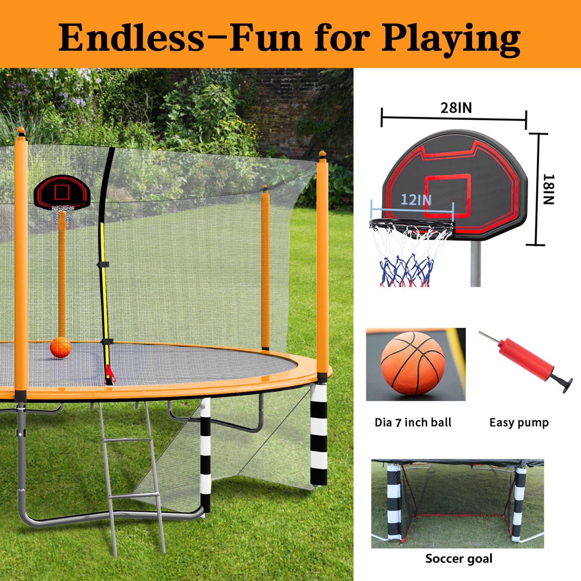 16Ft Trampoline With Basketball Hoop Pump And Ladder (Inner Safety Enclosure) With Soccer Goal - Orange - Image 6